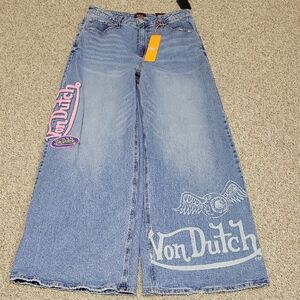 Von Dutch Flare Jeans with Pink and White Embroidery, Women's 27. New Grunge